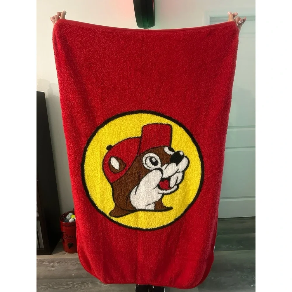 Buc-ees Beaver Logo Red Yellow Soft Fleece Throw Lap Baby Blanket Approx 59